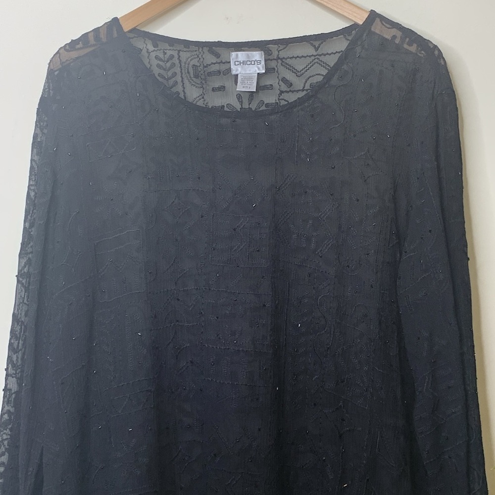 Chico’s | Black Silk Beaded Sheer Bell Sleeve Textured Embroidered Tunic Top 2 M - Picture 3 of 17